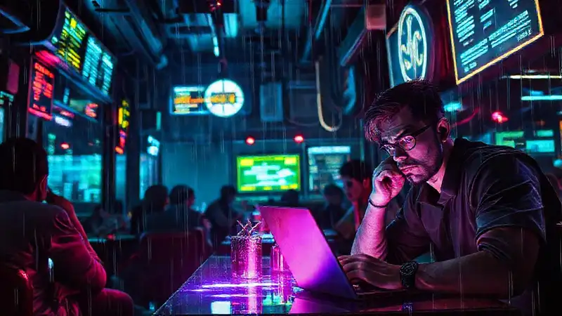 Un café cyberpunk inquietante y digital