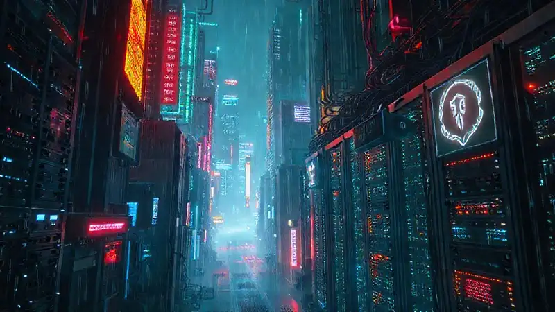 Ciudad cyberpunk digital, brillante y oscura