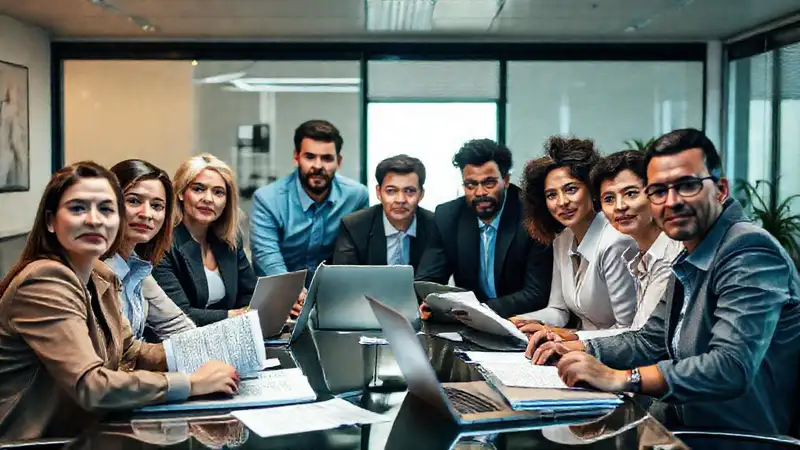 Reunión seria, equipo diverso, inquietud sutil