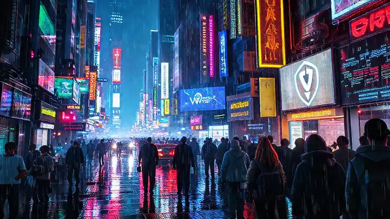 Ciudad cyberpunk vibrante y digitalmente lluviosa