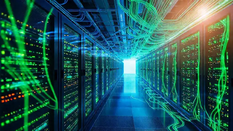 Una farmada de servidores futurista resplandece digitalmente