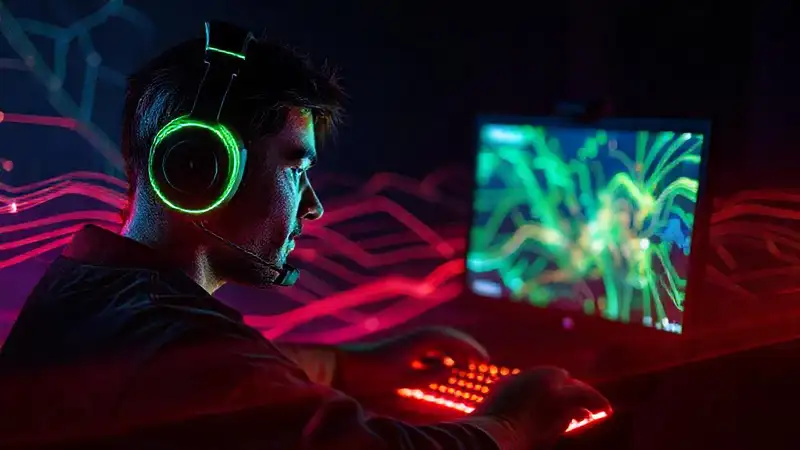 Gamer confiado en un entorno vibrante
