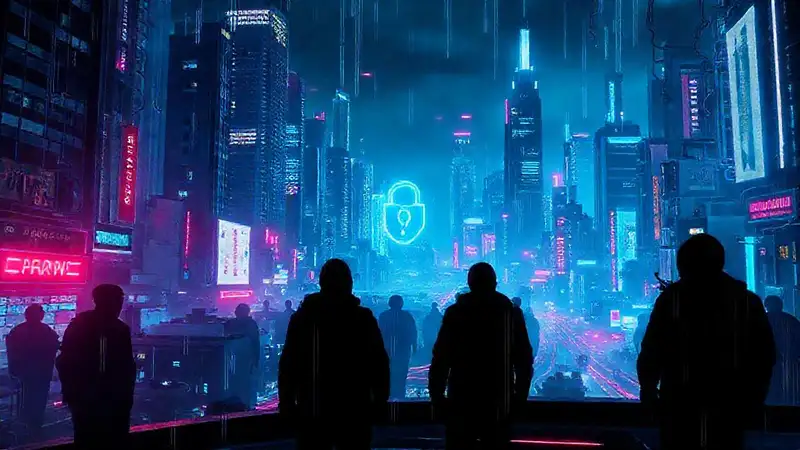 Ciudad cyberpunk oscura, datos y secretos