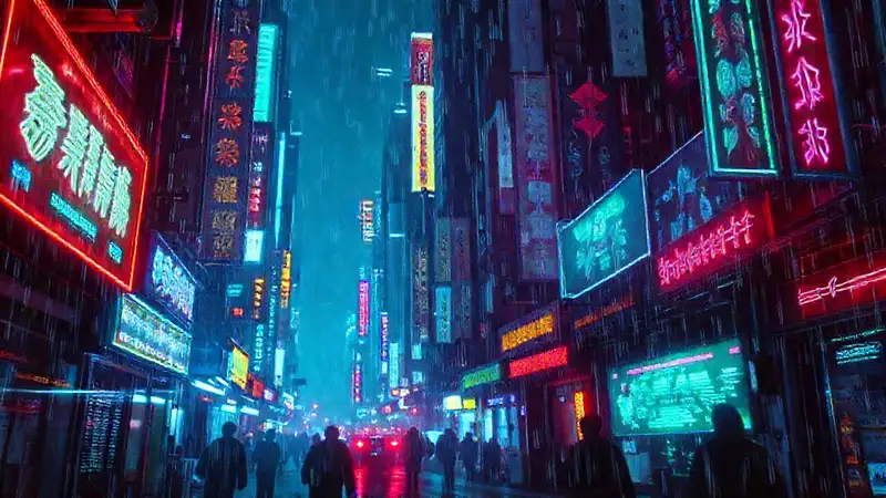 Ciudad cyberpunk vibrante, oscura y futurista