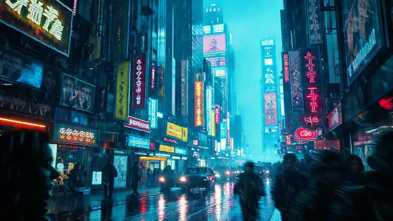 Ciudad futurista y cyberpunk, brillante y húmeda