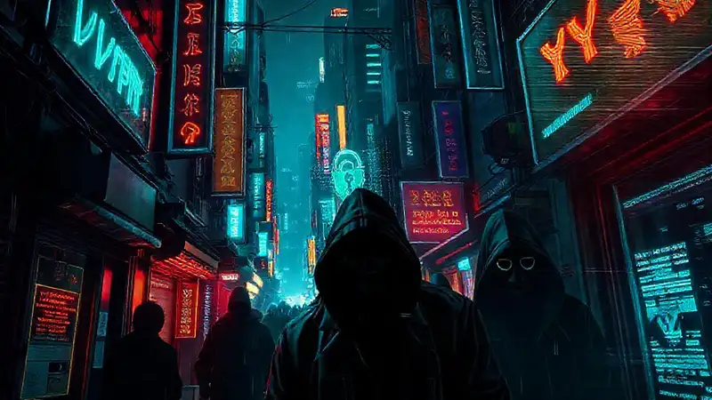 Ciudad cyberpunk, oscura y digitalmente distorsionada