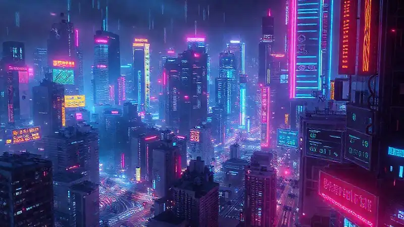 Ciudad cyberpunk digital, vibrante y futurista