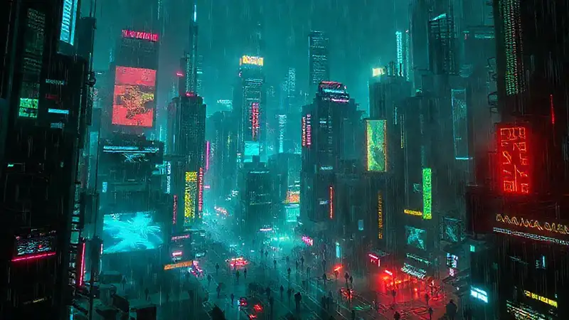 Ciudad cyberpunk digital, oscura y fragmentada