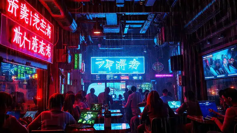 Un café cyberpunk vibrante y oscuro