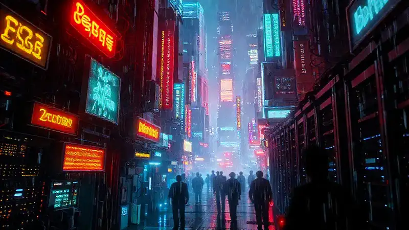 Ciudad cyberpunk vibrante, digital y urgente