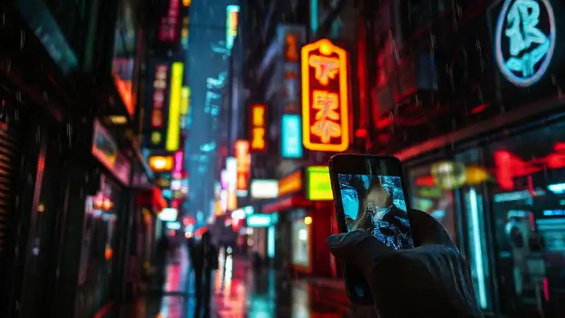 Ciudad cyberpunk vibrante y distópica