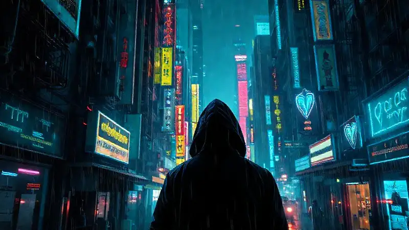 Ciudad cyberpunk oscura, digital y lluviosa