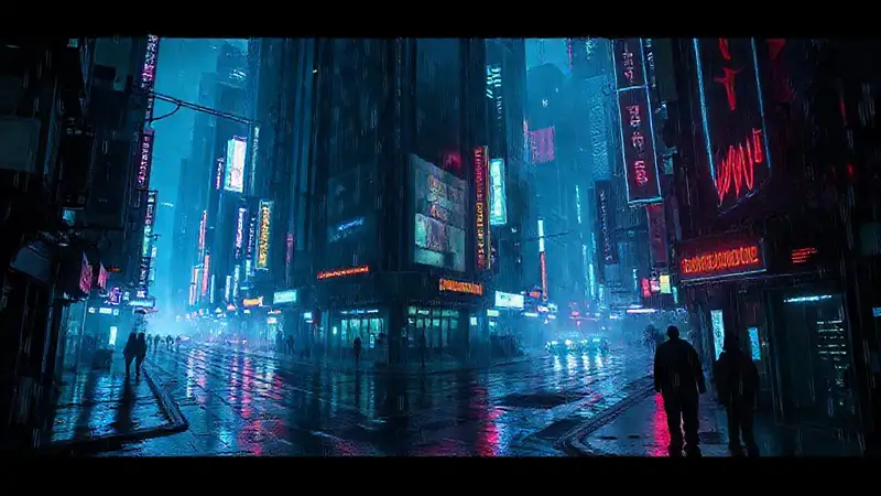 Ciudad cyberpunk, lluvia, neón y sombras