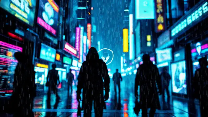 Ciudad cyberpunk digitalmente oscura y vibrante