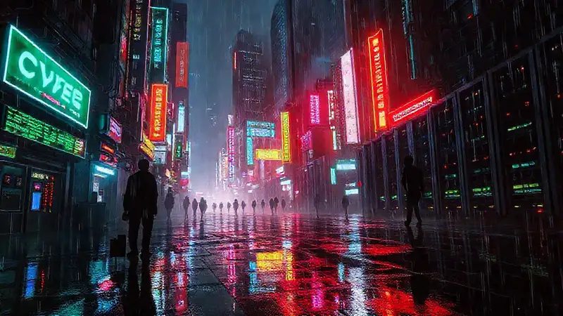Ciudad cyberpunk oscura y digitalmente brillante