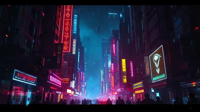 Ciudad cyberpunk vibrante y digitalmente distorsionada