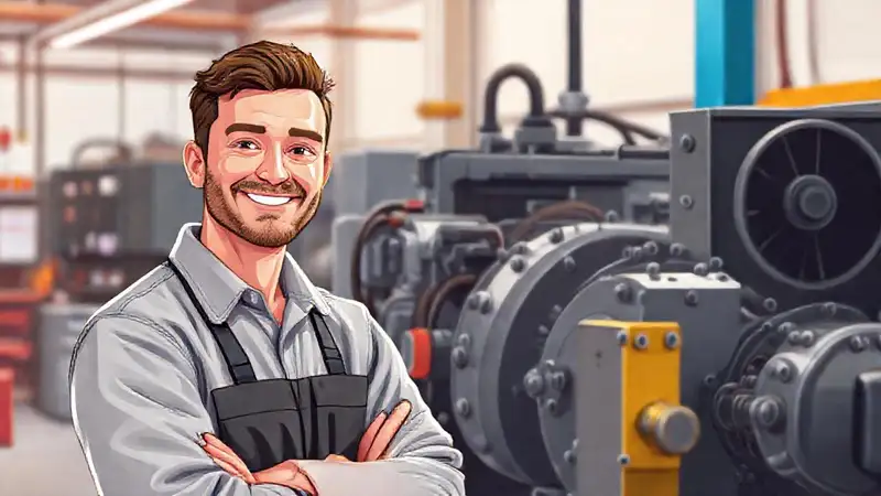 Técnico amable ayuda con maquinaria compleja