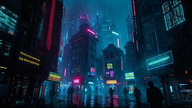 Ciudad cyberpunk oscura y luminosa