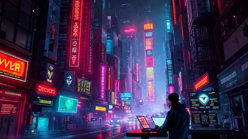 Ciudad cyberpunk futurista colabora en secreto